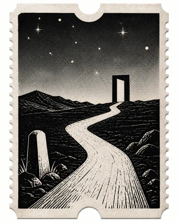 黑白版画中的道路通往星空下一扇敞开的门,象征有价值的工作被理解